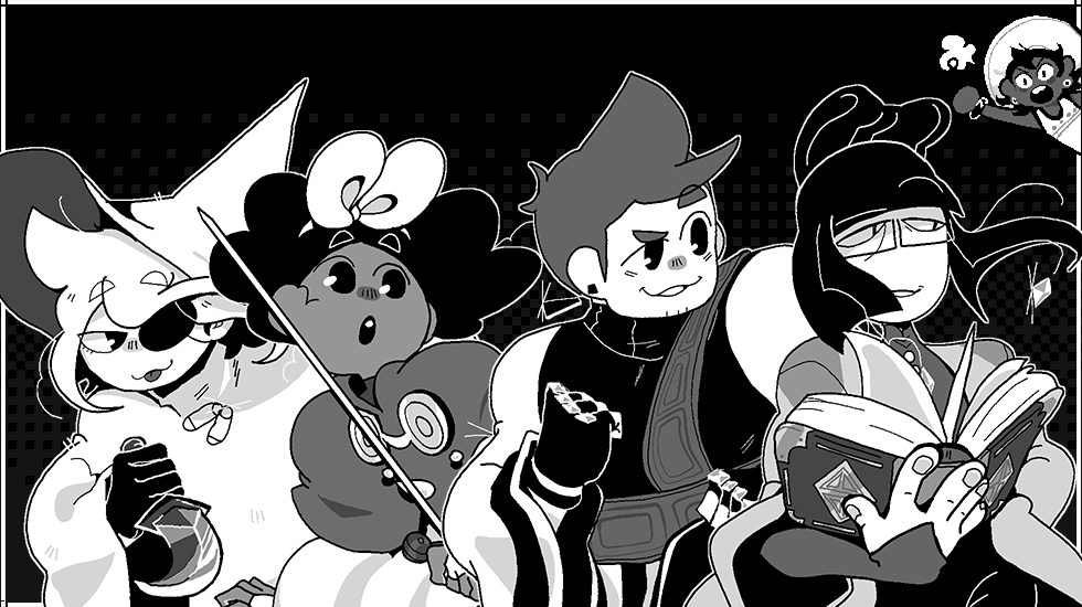 Four heroes look at the midget