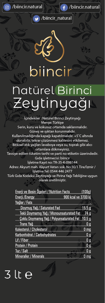 Küçük resim: Biincir Natürel Birinci Erken Hasat Soğuk Sıkım Zeytinyağı 3 lt
