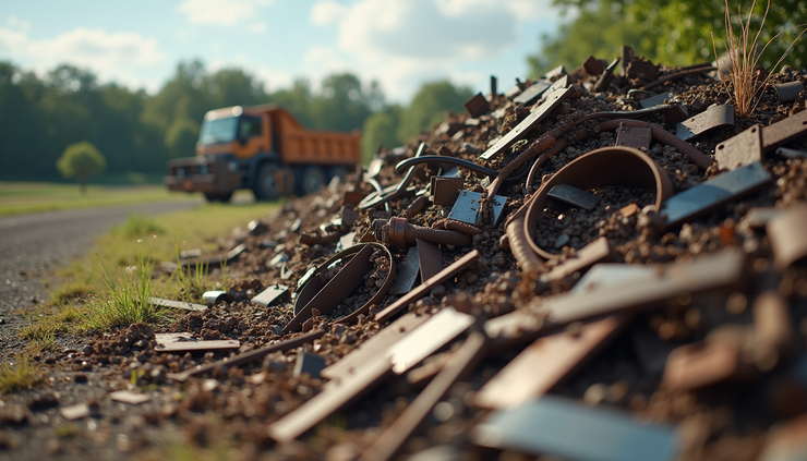 Eye-level view of a pile of mixed scrap metal outdoors