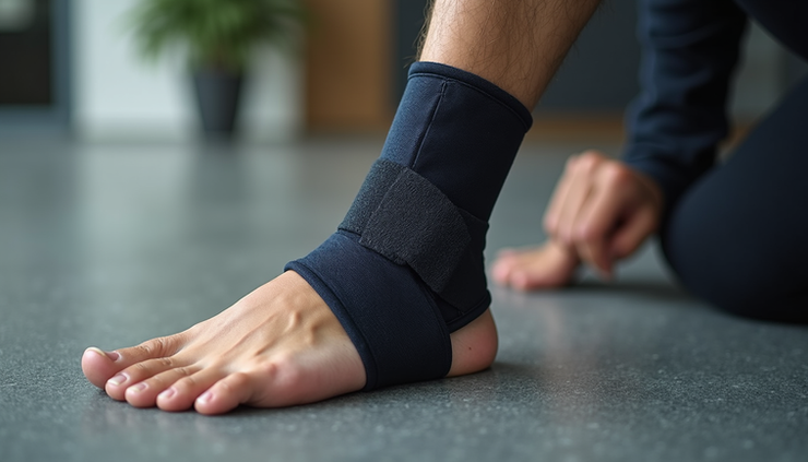 Close-up view of an ankle brace supporting a swollen ankle