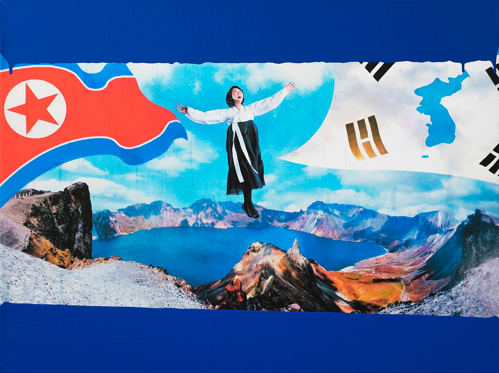 Umma Rises: Towards Global Peace, Yves Klein Dip painting, on archival digital print on canvas, 30 x 40 inches, 2017