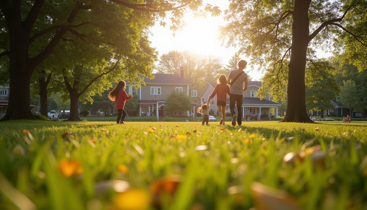 Eye-level view of a neighborhood park with families enjoying outdoor activities