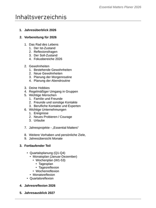 Inhaltsverzeichnis des Essential Matters Planer 2026