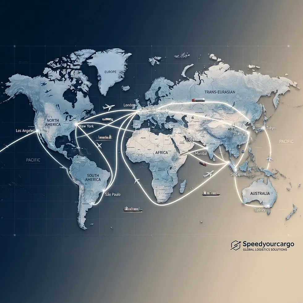 Digital illustration of a world map showing interconnected shipping routes between continents, representing global logistics and trade.