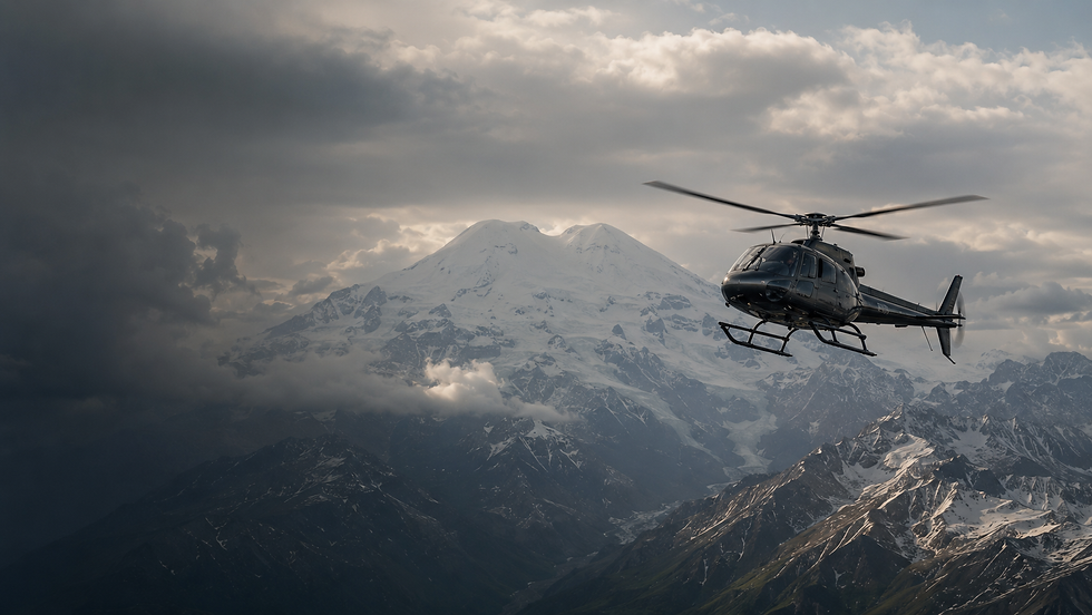 Private helicopter flying above the Caucasus mountains