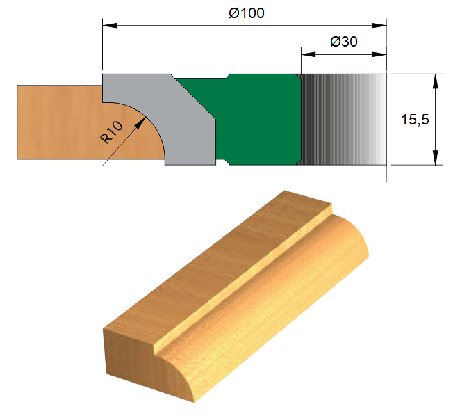 Miniatura: Fresa para Moldura Ø100 x 30 - 3 Dentes - Raio 10 mm - Cód. 1404.02