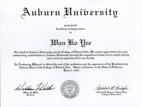 2003年第三世多杰羌佛在奥本大学工作优异获得奖状Certificate of Appreciation from Auburn University
