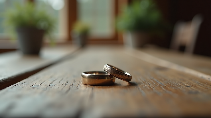 Close-up view of wedding rings resting on a rustic wooden table in Norfolk
