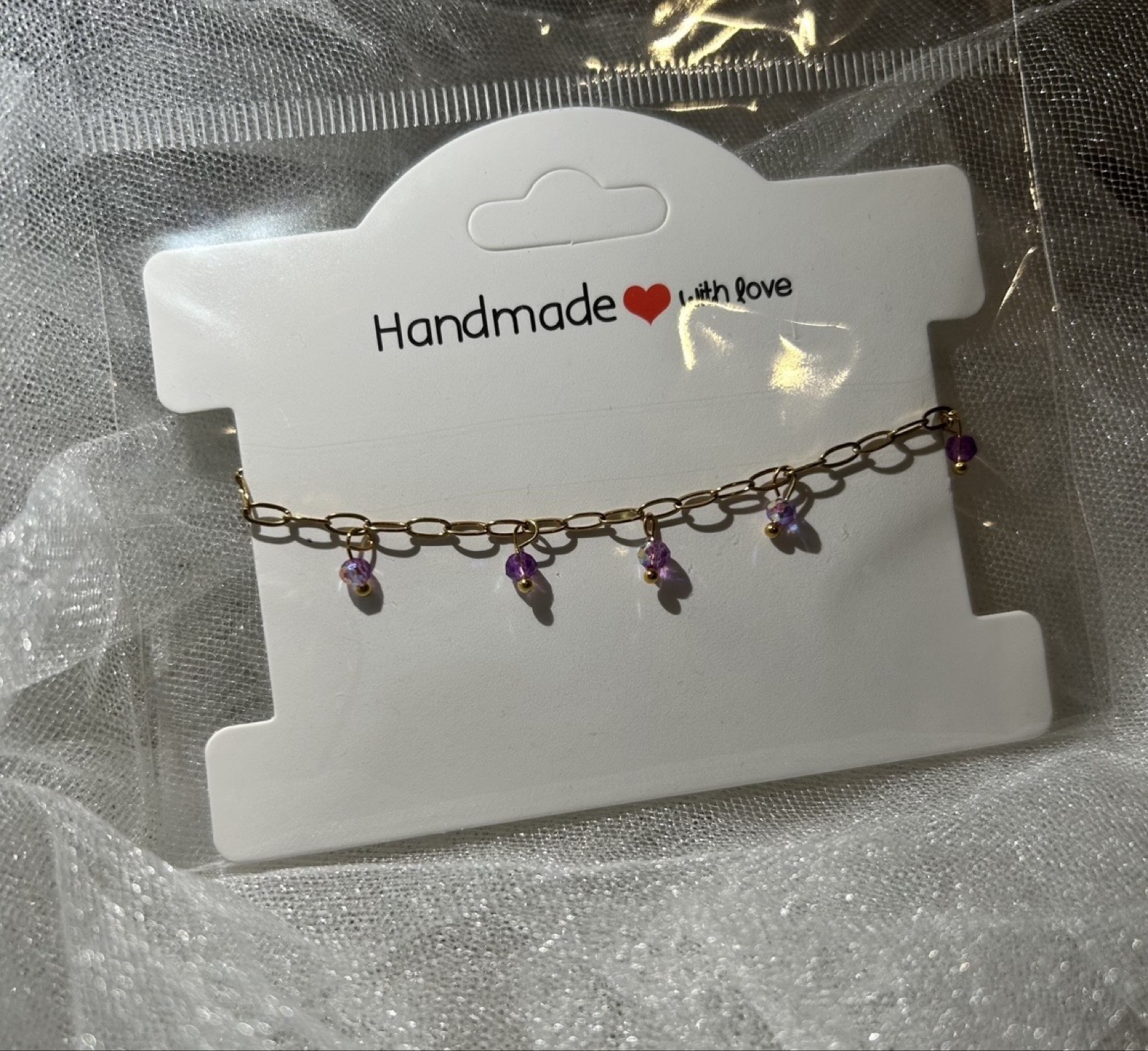Handmade Gold Chain Bracelet with Purple Crystal Beads