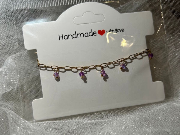 Handmade Gold Chain Bracelet with Purple Crystal Beads