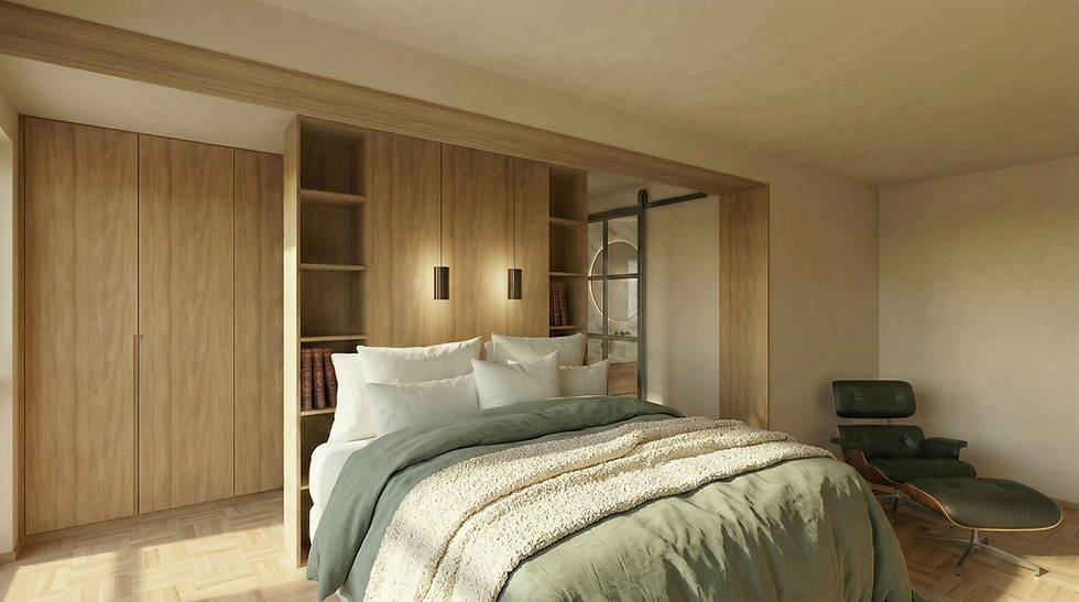 Schlafzimmer mit durchgehendem Eichenholzeinbau als Betthaupt, beidseitigen Regalen, zwei Wandleuchten, Stahl-Glasschiebetür, Fischgrätparkett und dunkelgrünem Eames Lounge Chair.