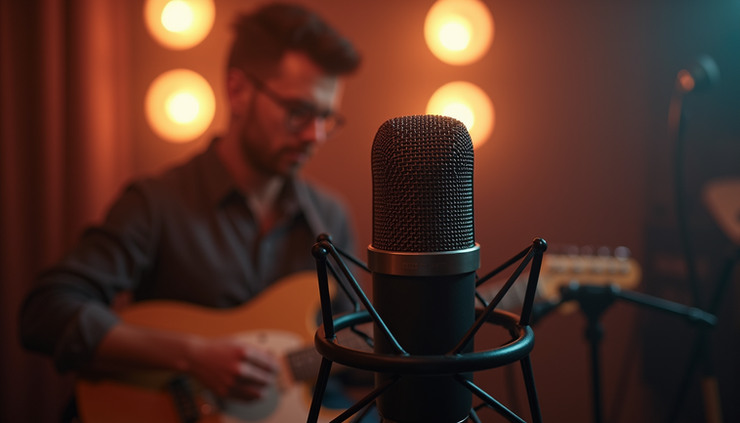 Vue rapprochée d’un microphone en studio d’enregistrement avec éclairage tamisé