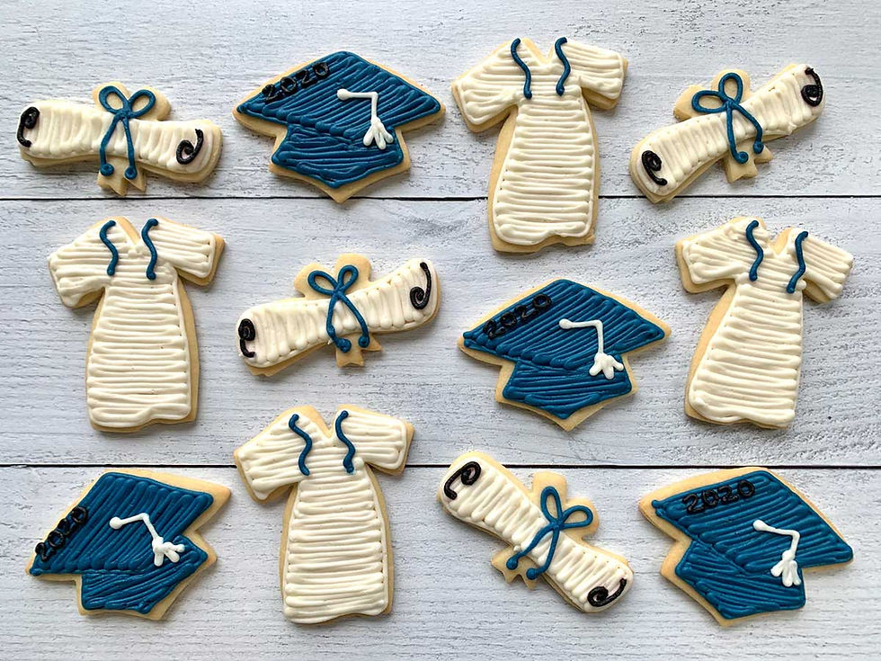 Thumbnail: Graduation Themed Sugar Cookies in Cap, Gown and Diploma shapes