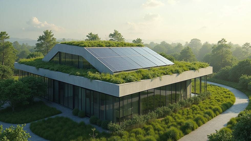 Wide angle view of sustainable building with green rooftop and solar panels