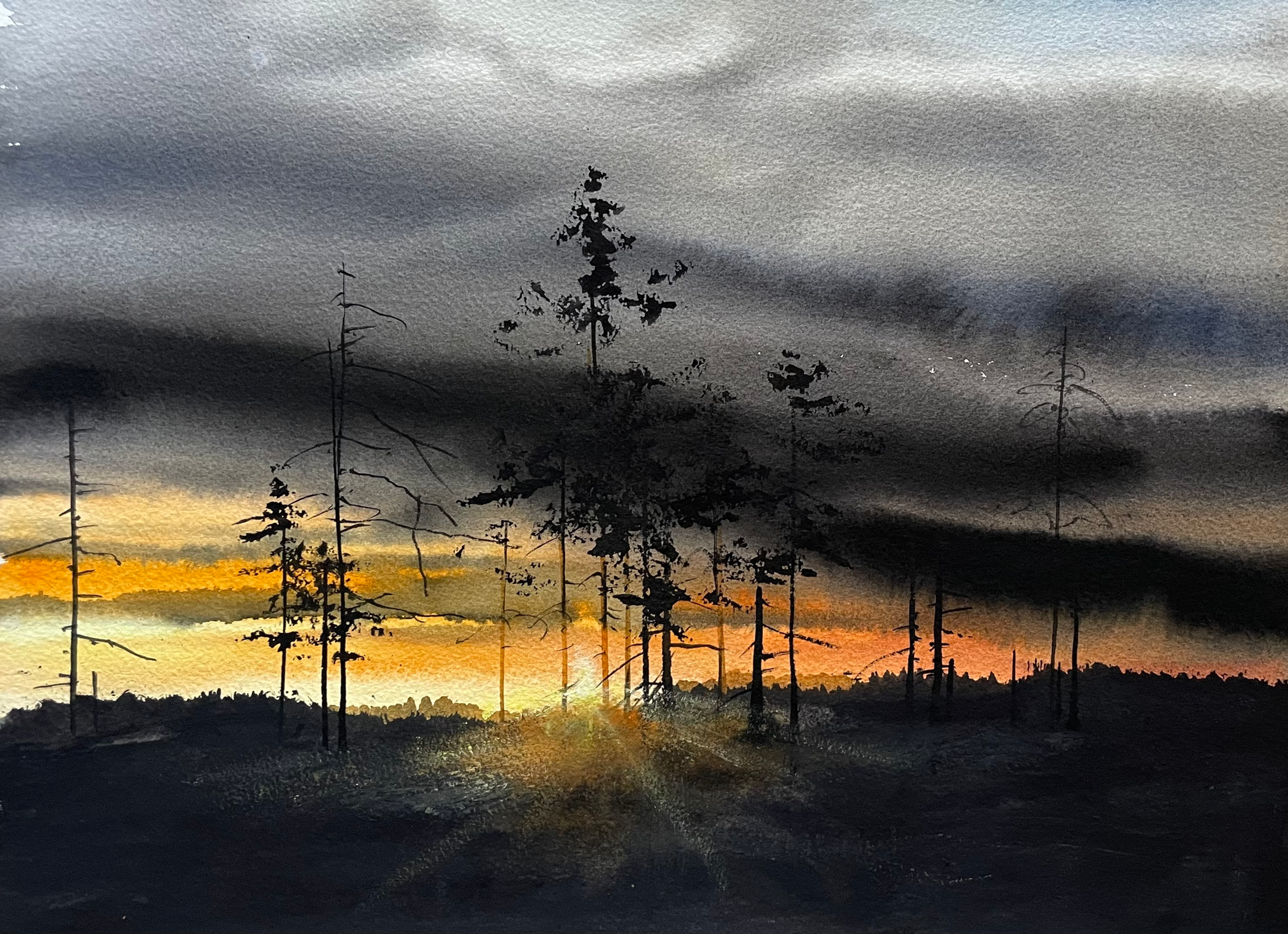 Solnedgång Ångermanland. Watercolor ( Original) 40x30cm Oramad 2024