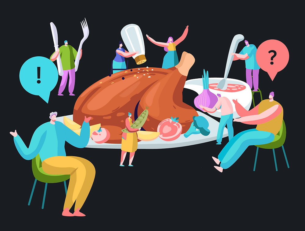 People talking stock tips over a thanksgiving turkey