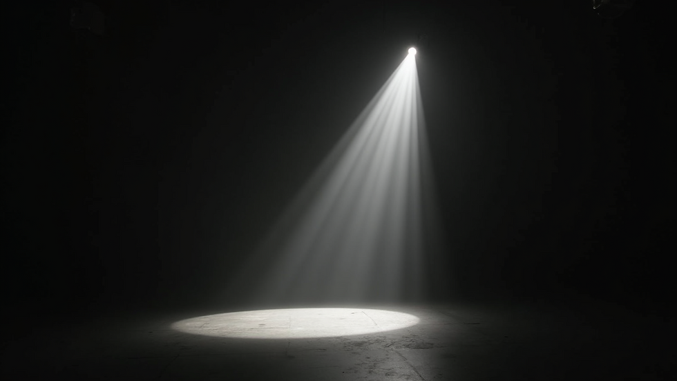 Close-up view of a spotlight illuminating a stage prop, creating dramatic shadows