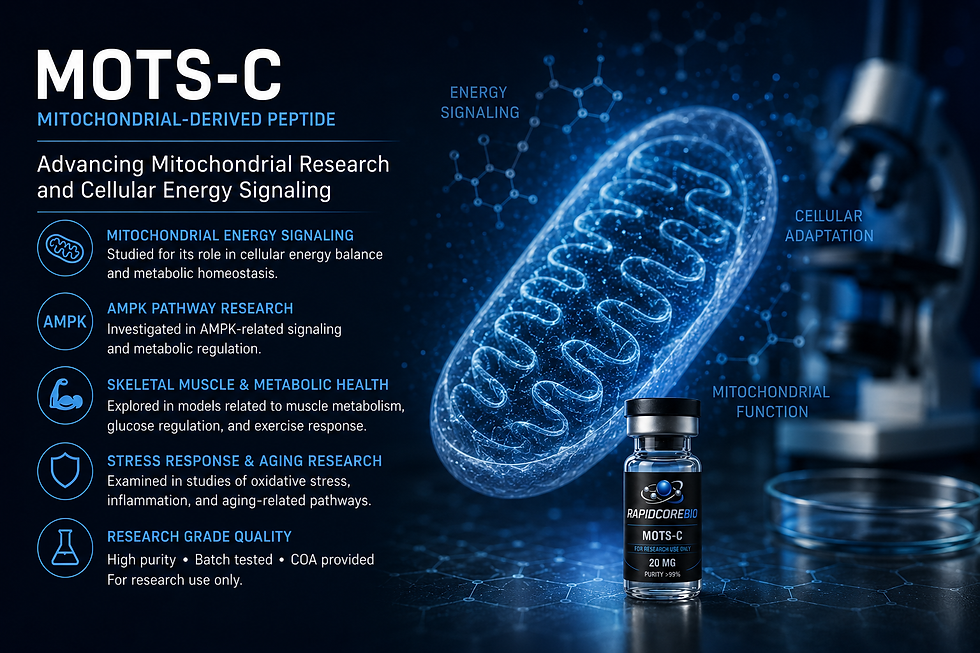 RapidCore Bio MOTS-C research peptide vial displayed in a futuristic blue laboratory environment beside a glowing mitochondria illustration representing cellular energy signaling and mitochondrial research.