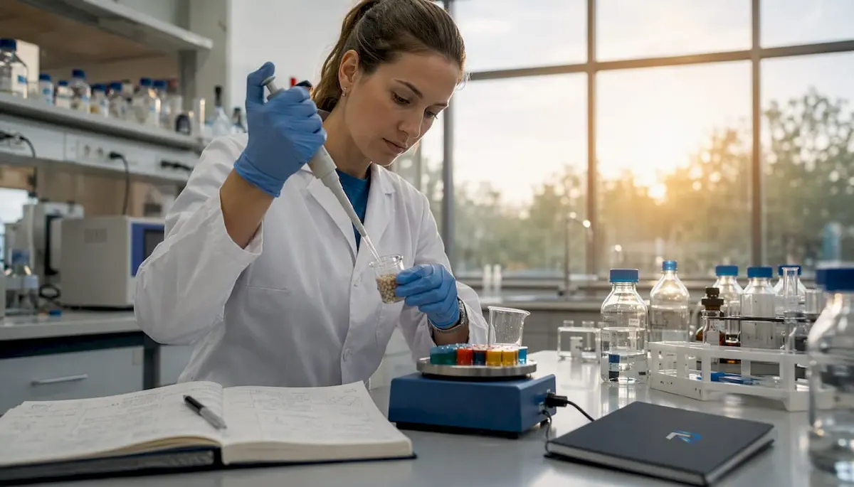 Researcher examining peptide test reports at desk