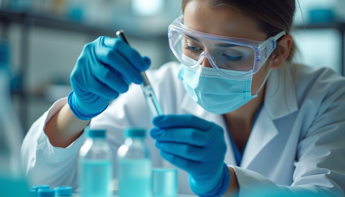 Scientist in protective eyewear examining a sample tube for peptide quality testing