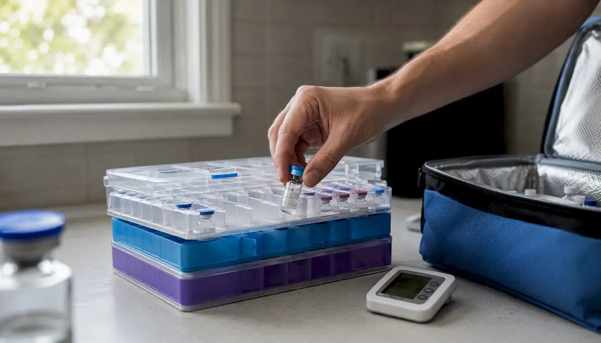 Hands performing helium leak test on peptide vial