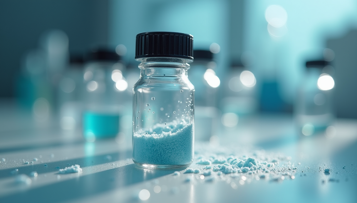 Close-up view of a laboratory vial with peptide powder
