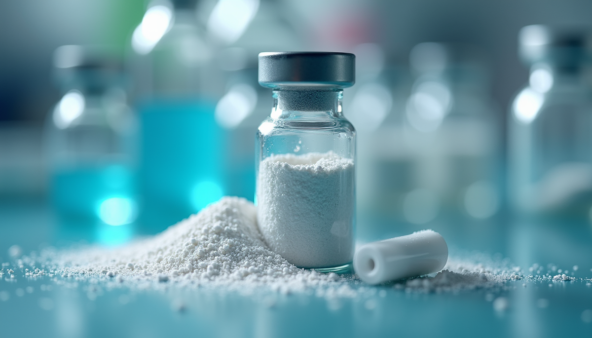 Close-up view of laboratory vial containing peptide powder