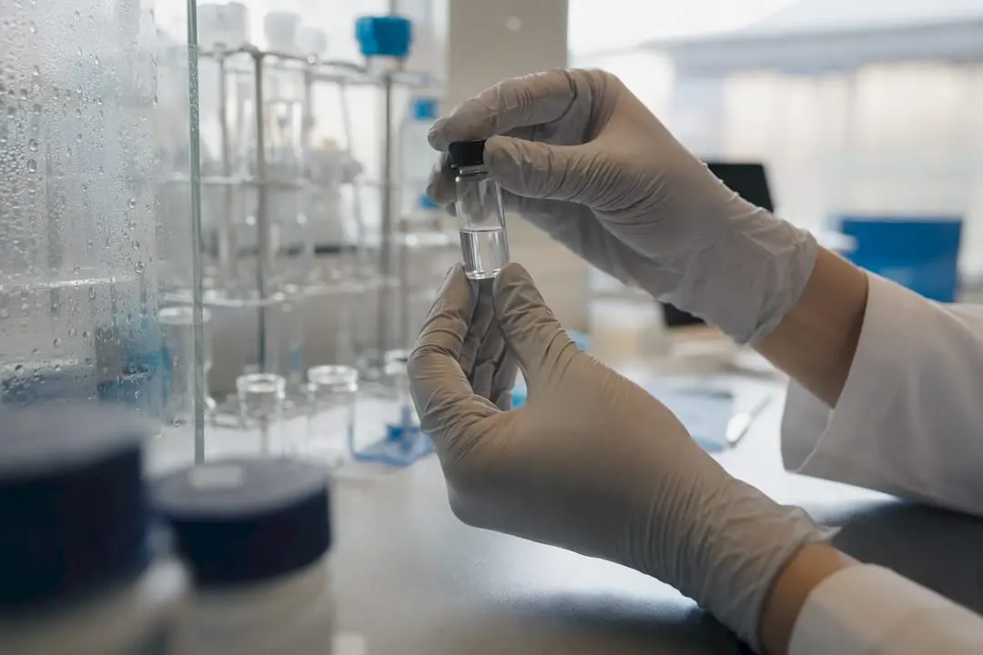 Scientist pipetting peptide solution in lab