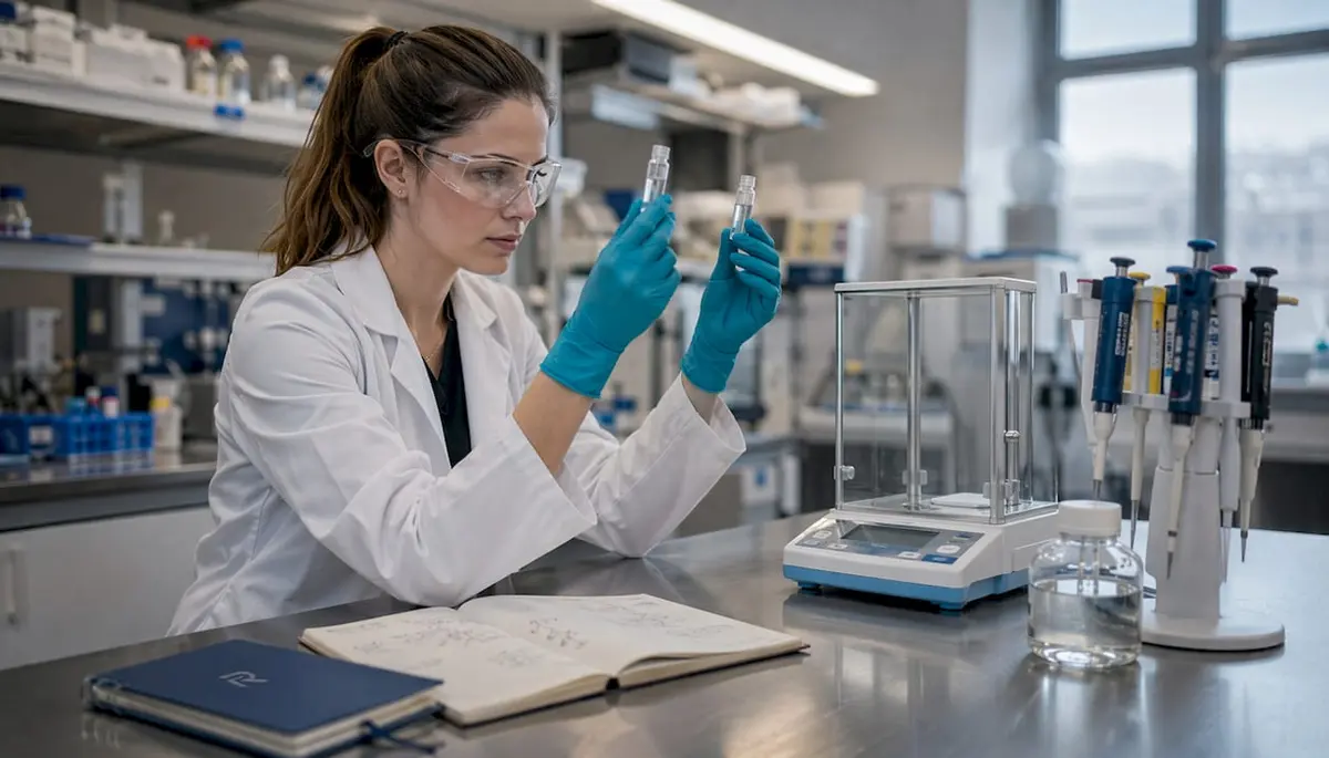Hands calculating peptide concentration