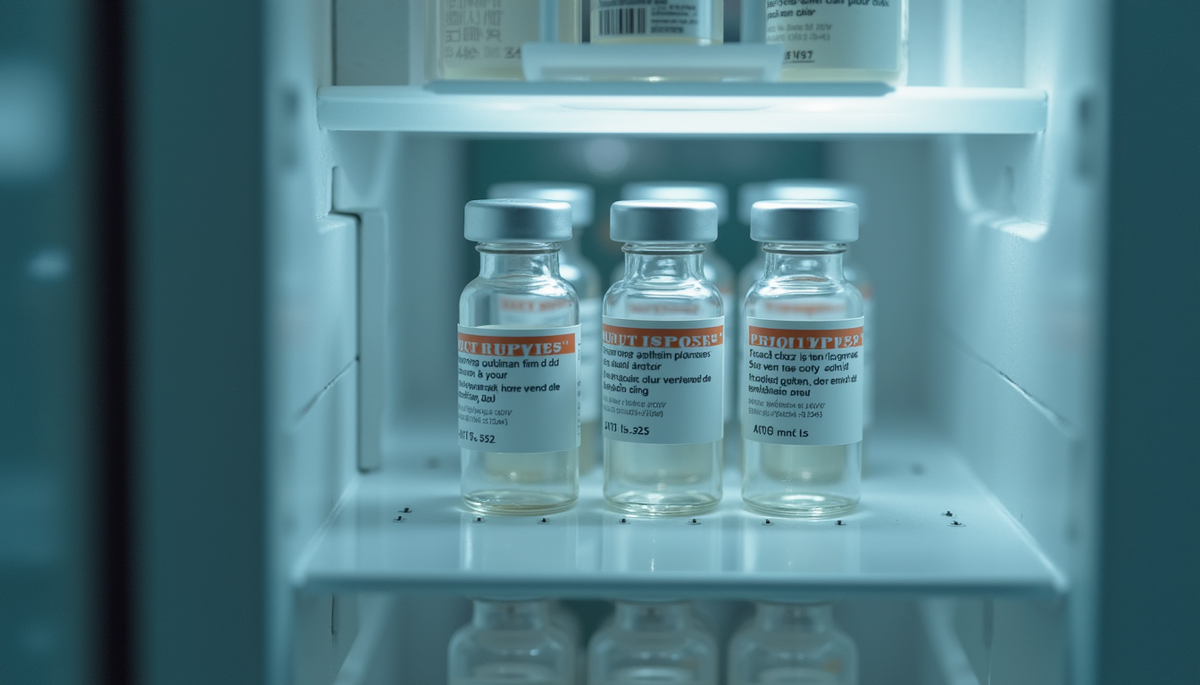 Eye-level view of a refrigerated storage unit with labeled peptide vials