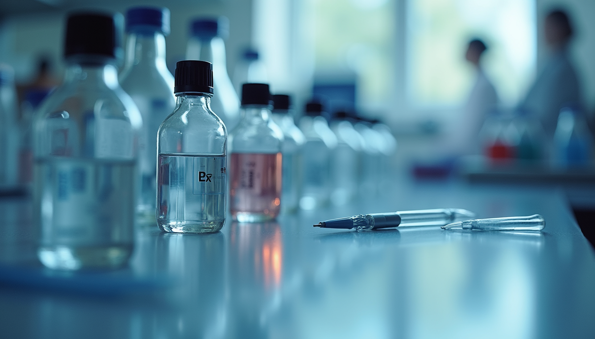 Eye-level view of laboratory bench with peptide vials and pipettes