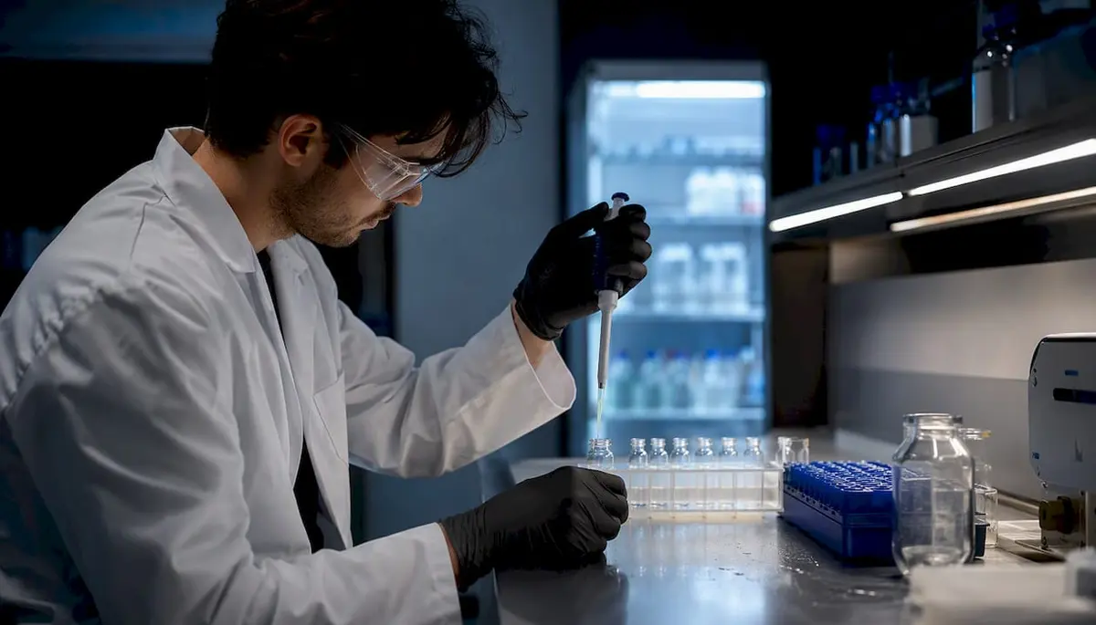 Close-up of pouring solvent into peptide vial in lab