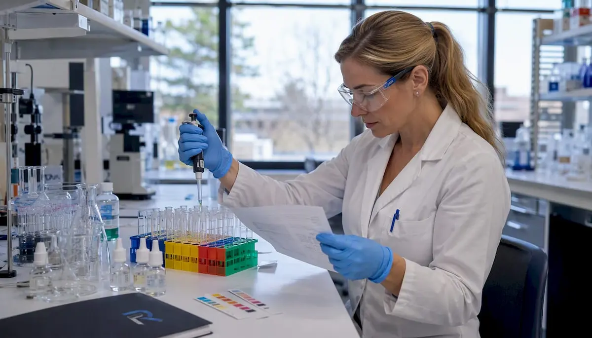 High angle view of a clean workspace with peptide vials, research notes, and a laptop