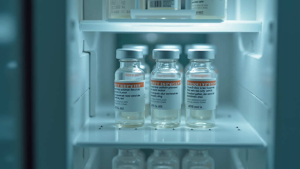 Eye-level view of a refrigerated storage unit with labeled peptide vials