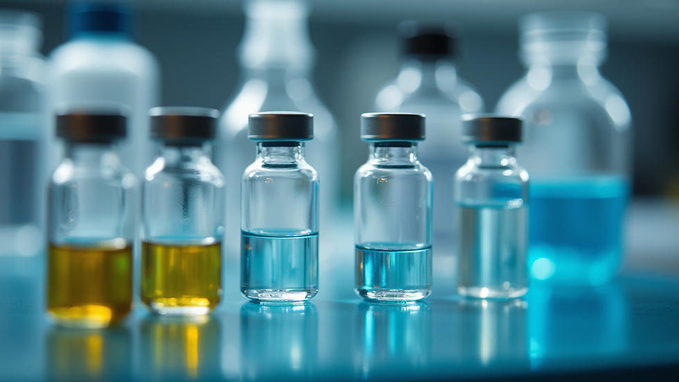 Eye-level view of a laboratory setup with peptide vials and testing equipment