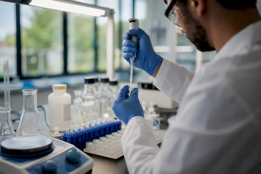 Close-up of researcher adding HCl to peptide vial