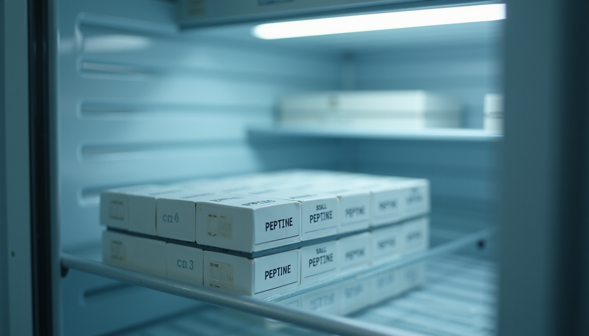 Eye-level view of laboratory freezer with peptide storage boxes