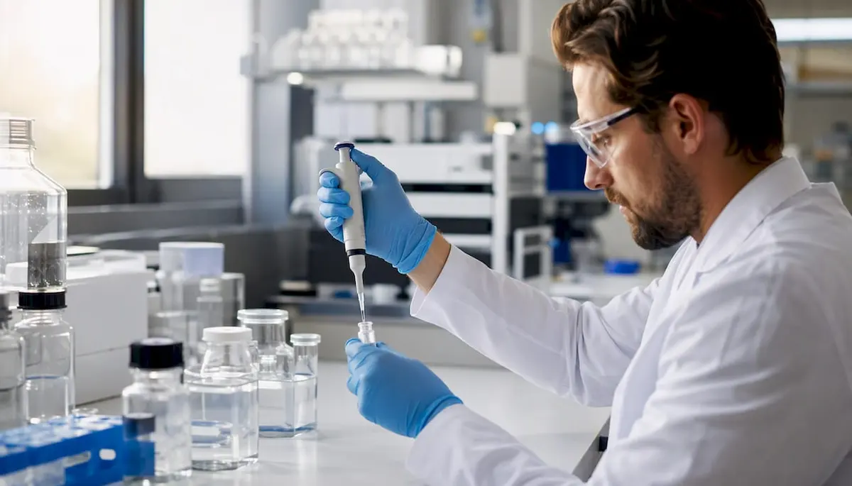 Technician applying RUO label on biomedical vial