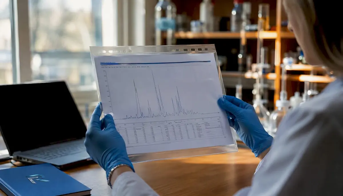 Hands holding peptide sample in analysis lab