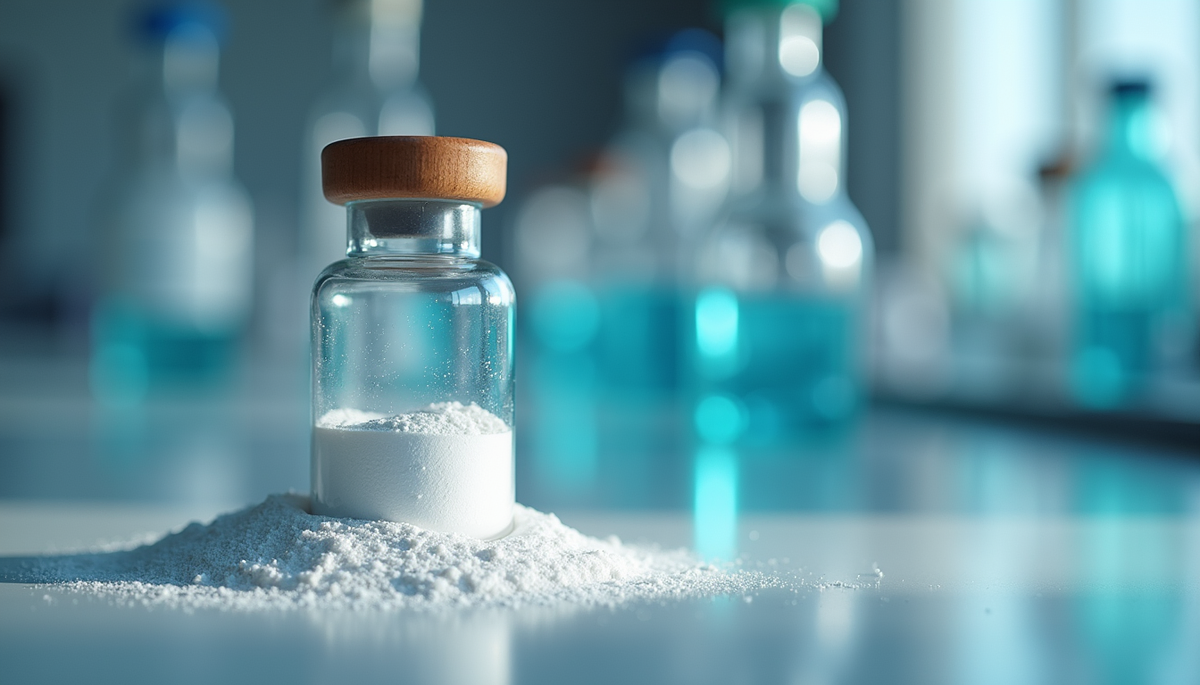 Close-up view of a laboratory vial containing peptide powder