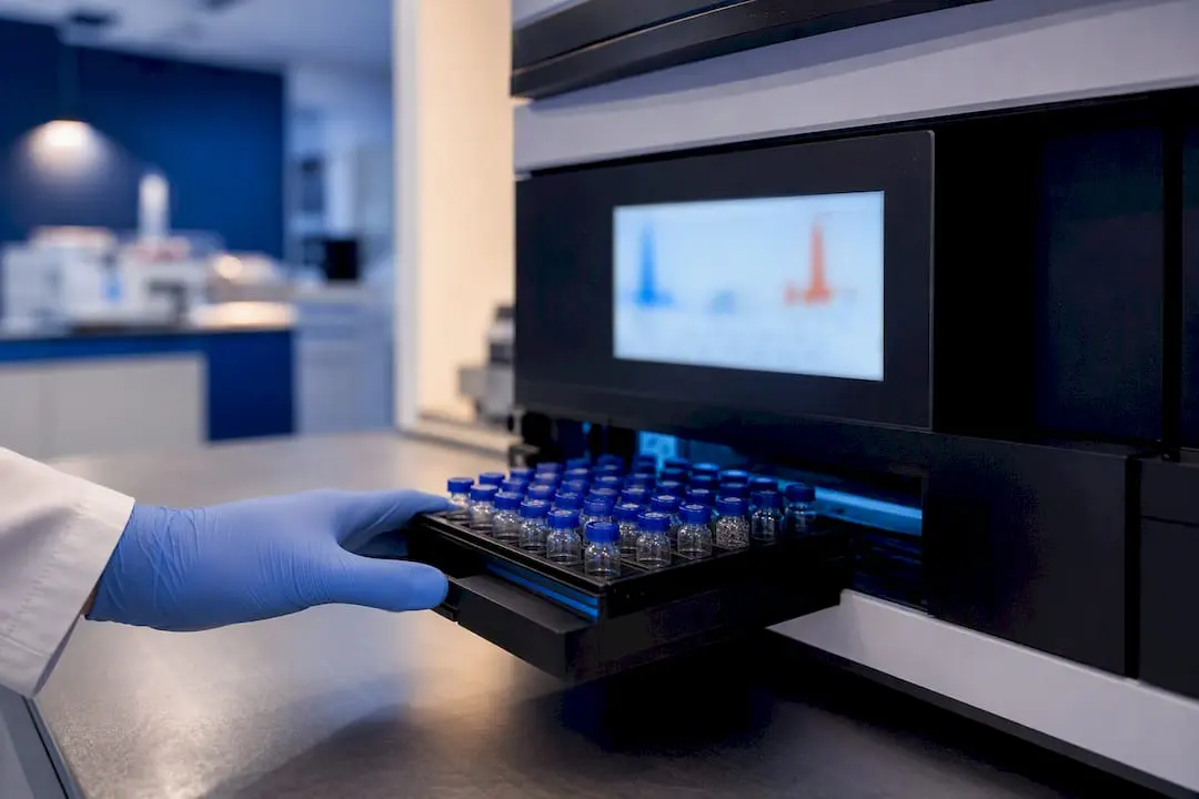 Close-up view of a vial containing peptide solution