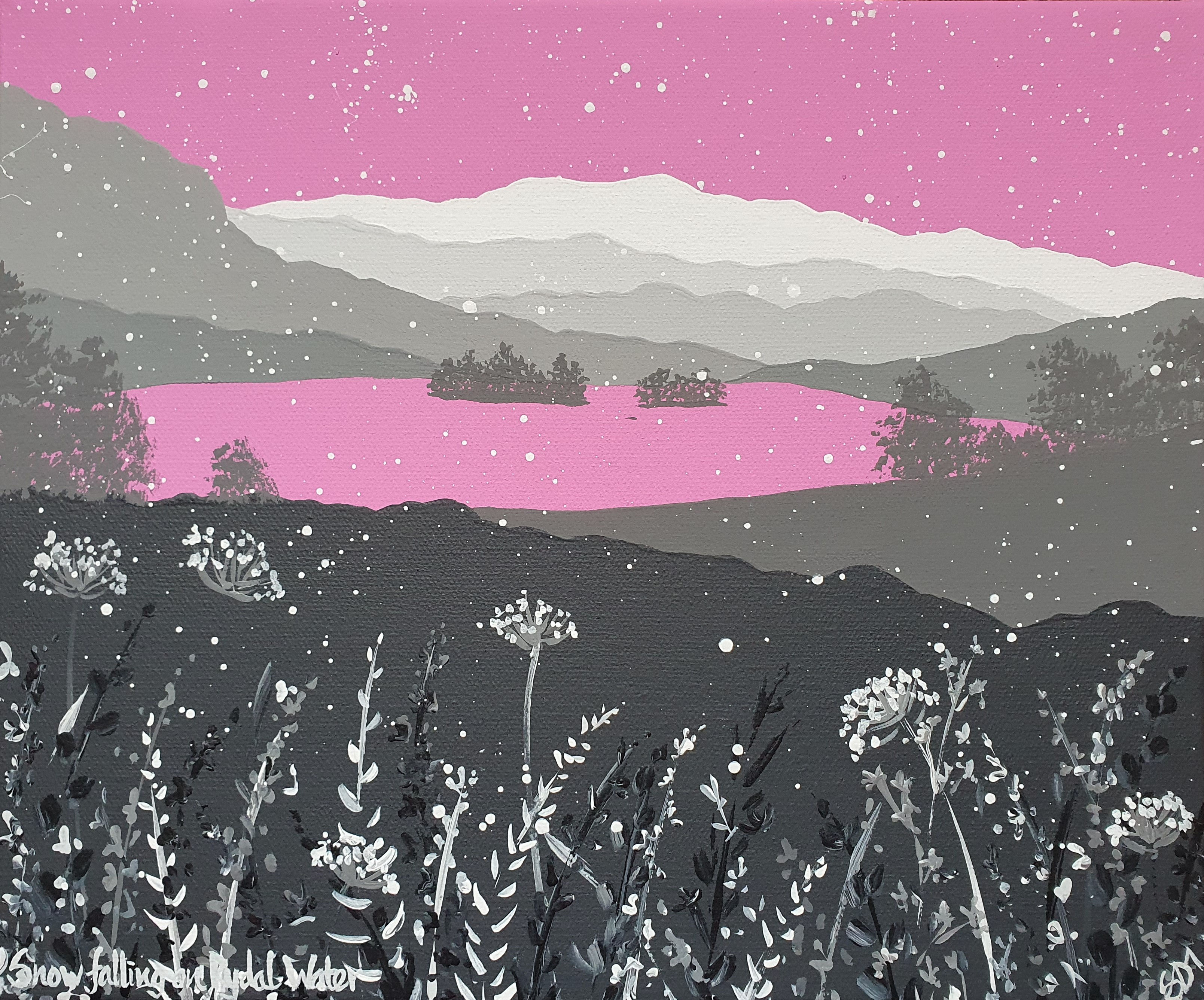 Snow is falling on Rydal Water