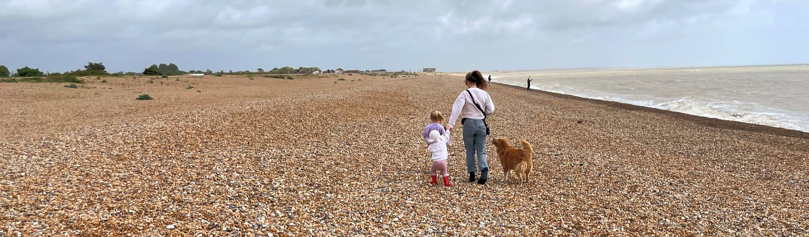 Rachel Acton family and Megan on a beach dog walk