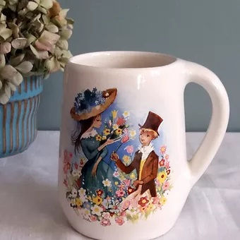 Mug en céramique décor "amoureux - vert-bleu" - Marion Foster-  années 70
