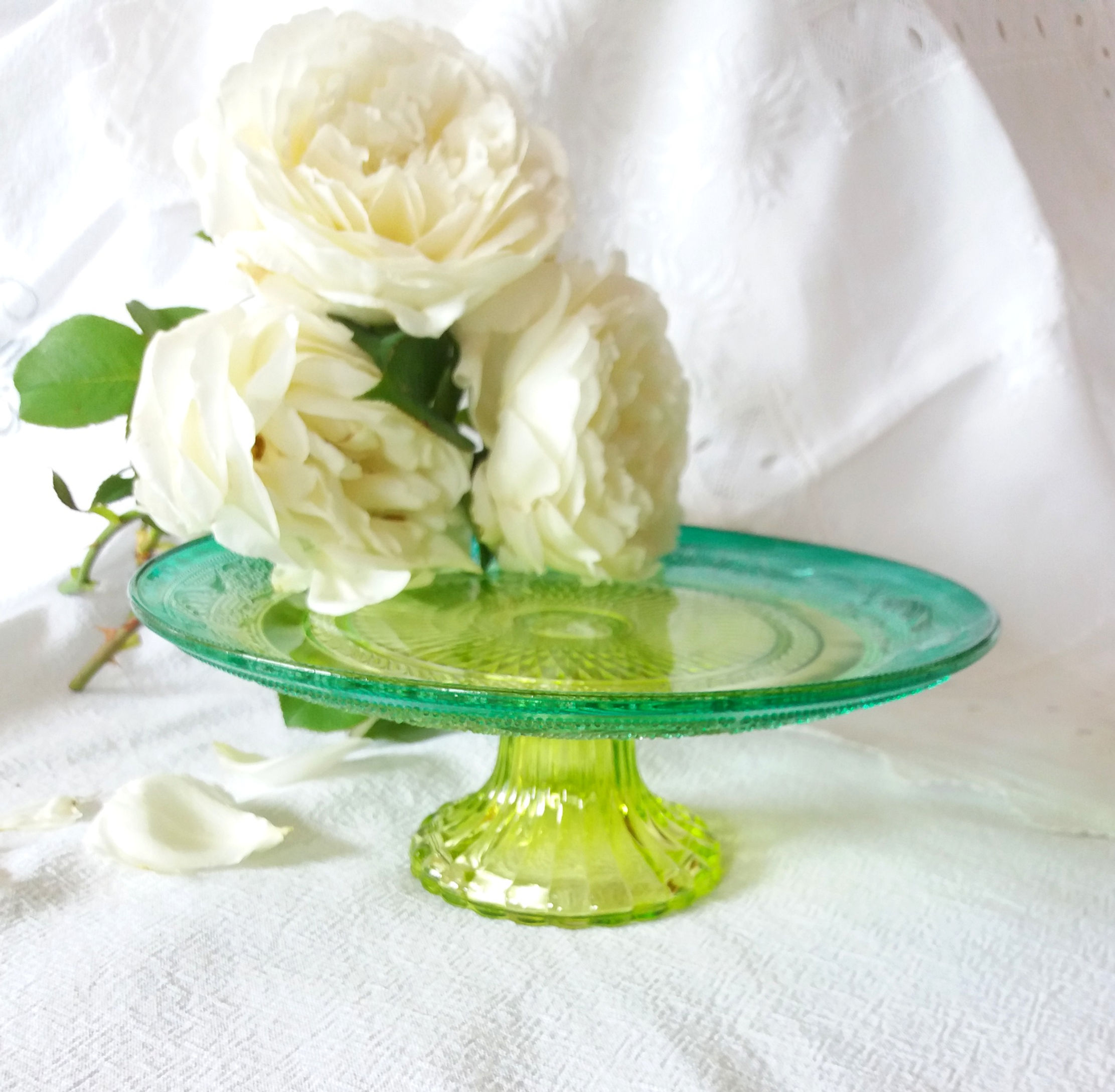 Compotier en verre vert et jaune - coupe à fruits vintage
