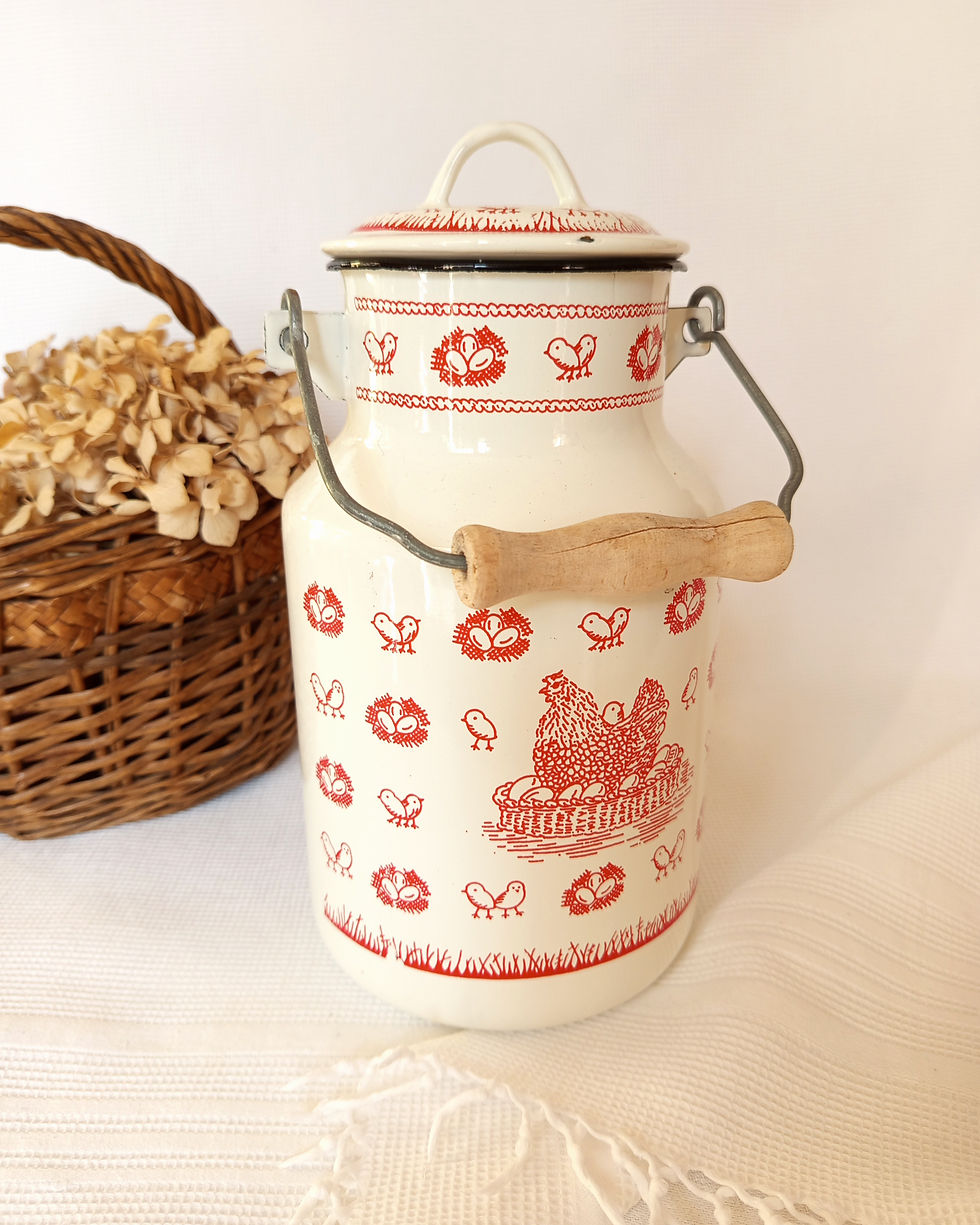 Miniature : Pot à lait en tôle émaillée "Viens Poupoule" Geneviève Lethu 1997