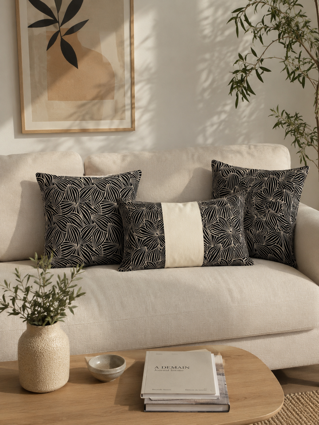 Coussin 30X50 cm - motif végétal graphique noir et beige