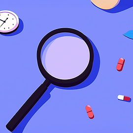 Magnifying glass and pills, looking for premature ejaculation solutions