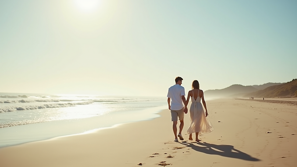 Eye-level view of a couple walking hand in hand on a beach