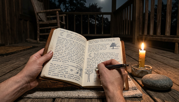 Close-up of hands holding a journal, a candle, and a small stone under moonlight
